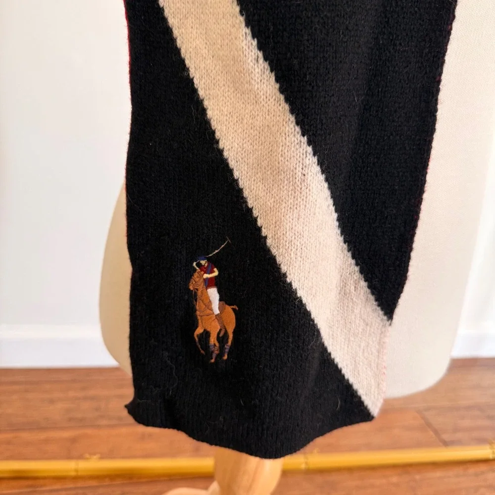 Vintage Polo Ralph Lauren‎ Lambswool Scarf Black Red Stripe Embroidered Pony